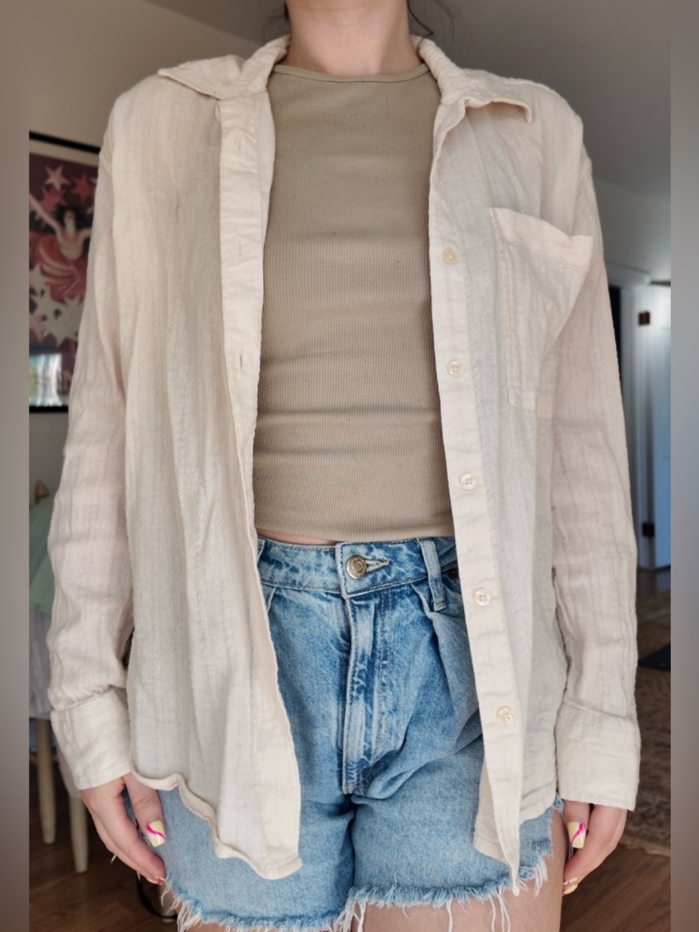 American Eagle Outfitters Beige Button-Down Lightweight Shirt